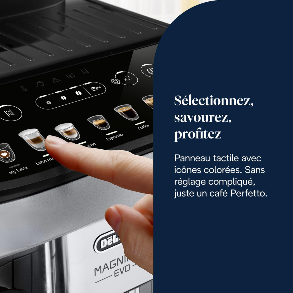 Magnifica Evo - Perfetto Machine à Café Automatique avec LatteCrema Mousseur à Lait Automatique, Argent et Noir