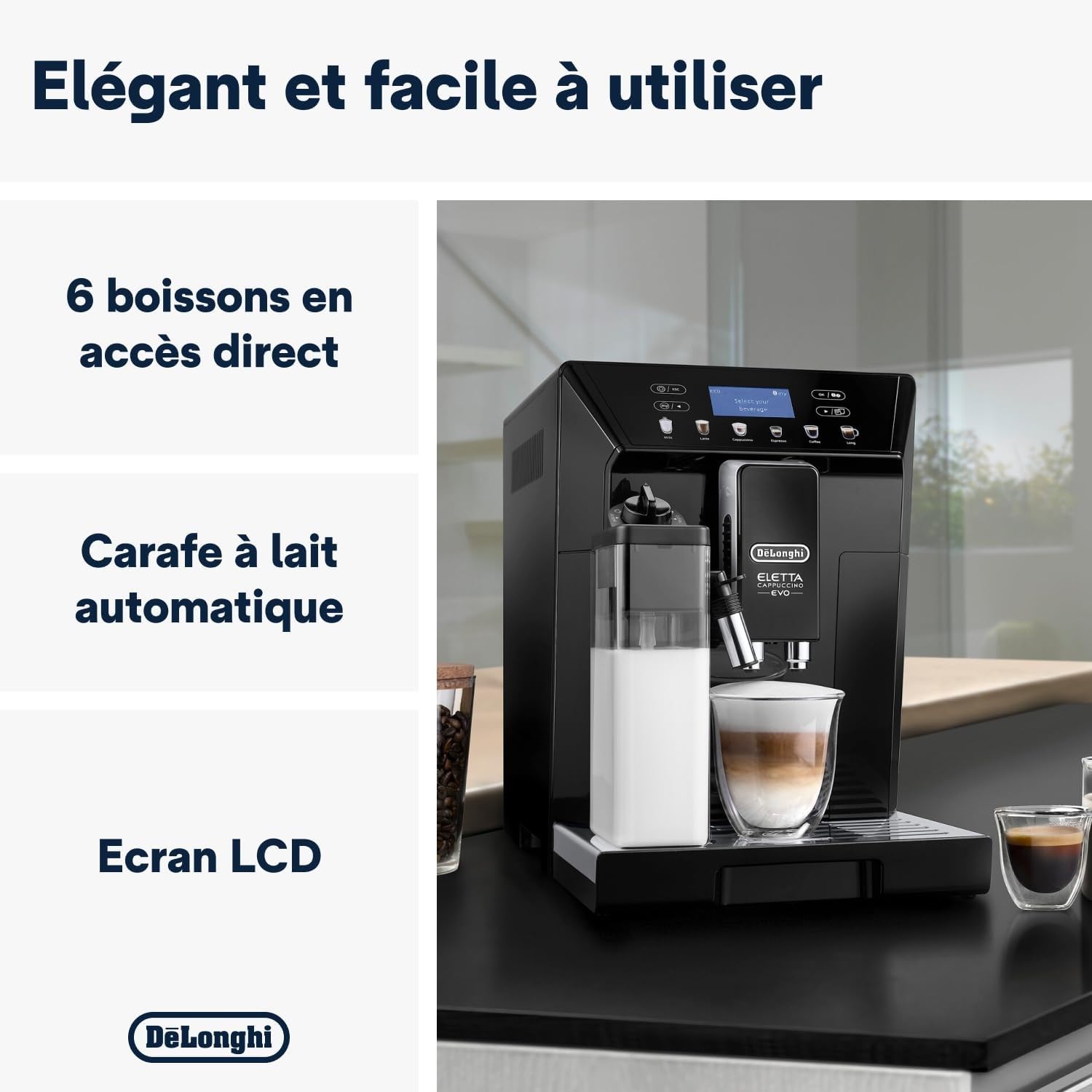 Eletta Evo Machine a Café Grain, Machine Expresso et Cappuccino, Ecran LCD Tactile, Noir