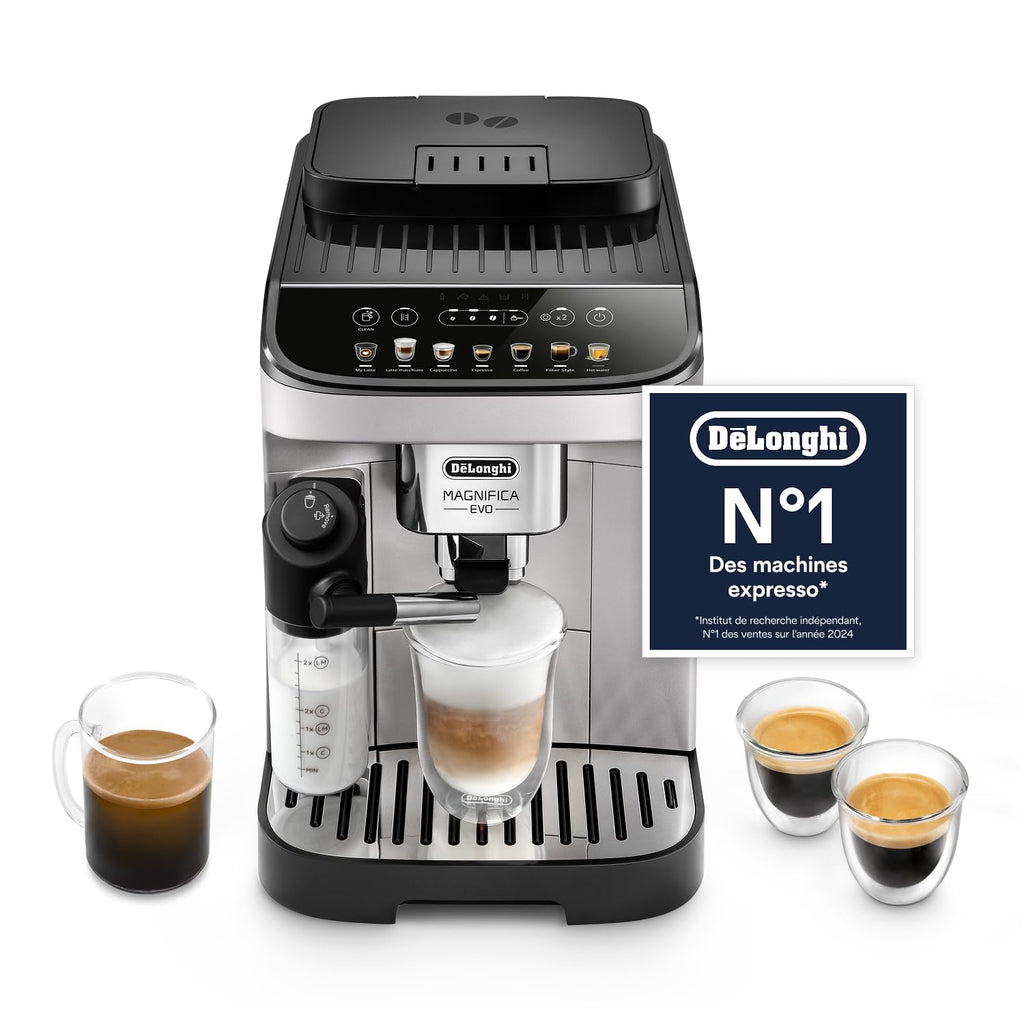 Magnifica Evo - Perfetto Machine à Café Automatique avec LatteCrema Mousseur à Lait Automatique, Argent et Noir